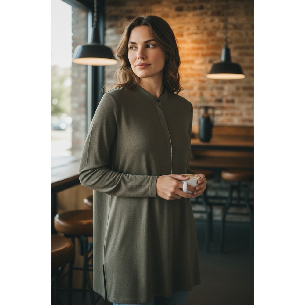 Lafayette 148 New York Brown Half Button Tunic‎ Blouse 100% Silk Metallic Detail